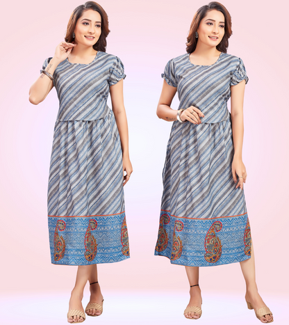 Blissful Blue Cotton Printed Straight Zipless Feeding Kurta