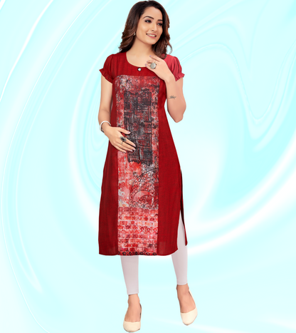 Exotic Red Rayon Printed Straight Feeding Kurta