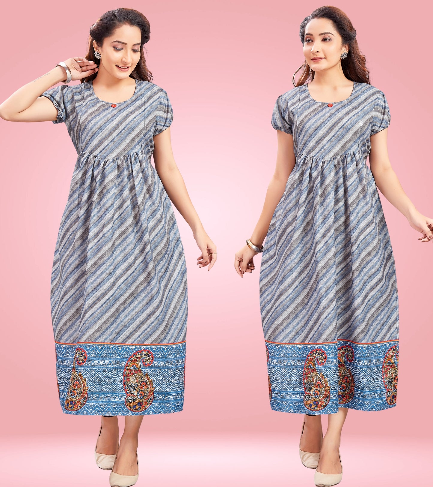 Greyish Blue Cotton Printed Flared Feeding Kurta