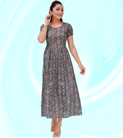 Legendary Grey Cotton Blend Printed Flared Feeding Kurta