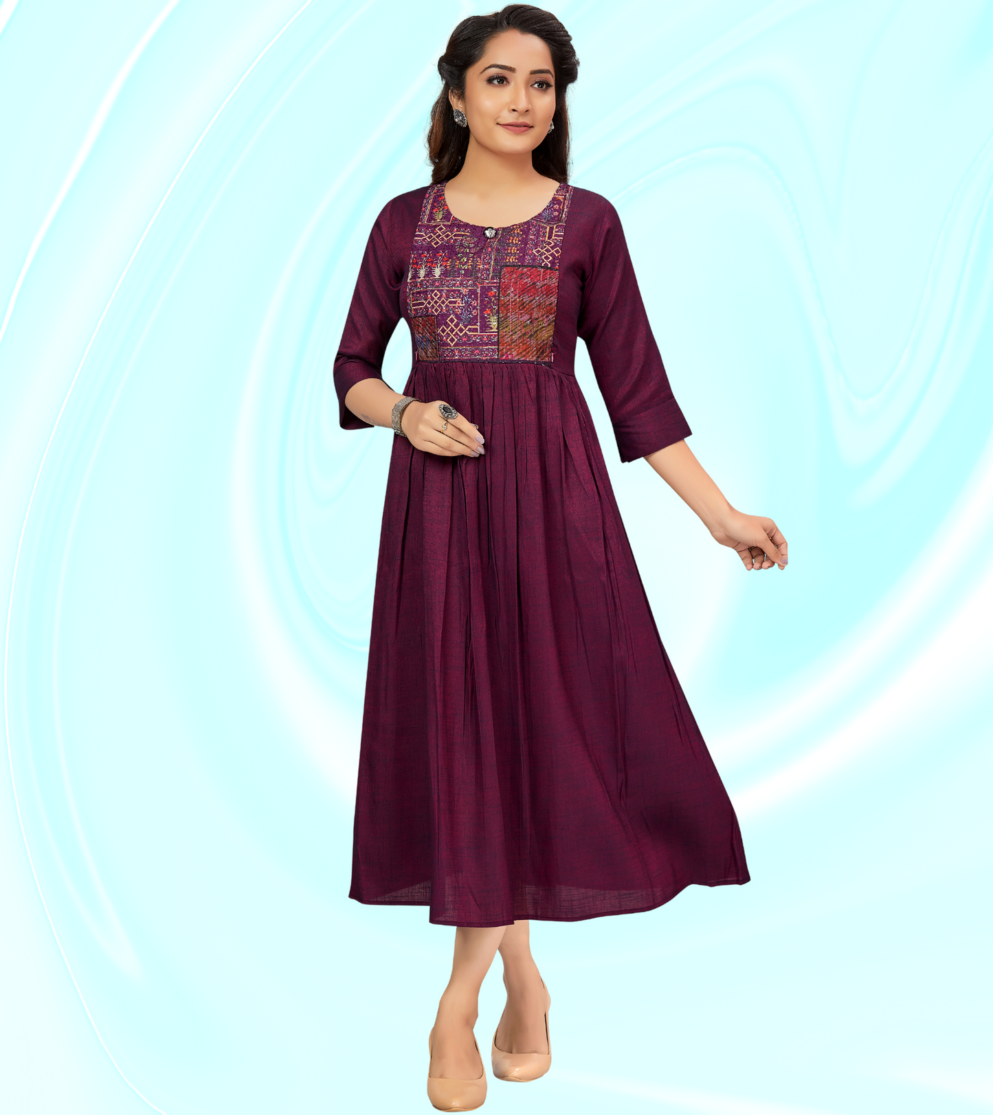 Delightful Purple Rayon Printed Flared Feeding Kurta