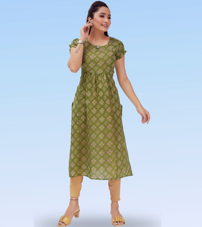 Amusing Green Cotton Blend Printed Straight Feeding Kurta