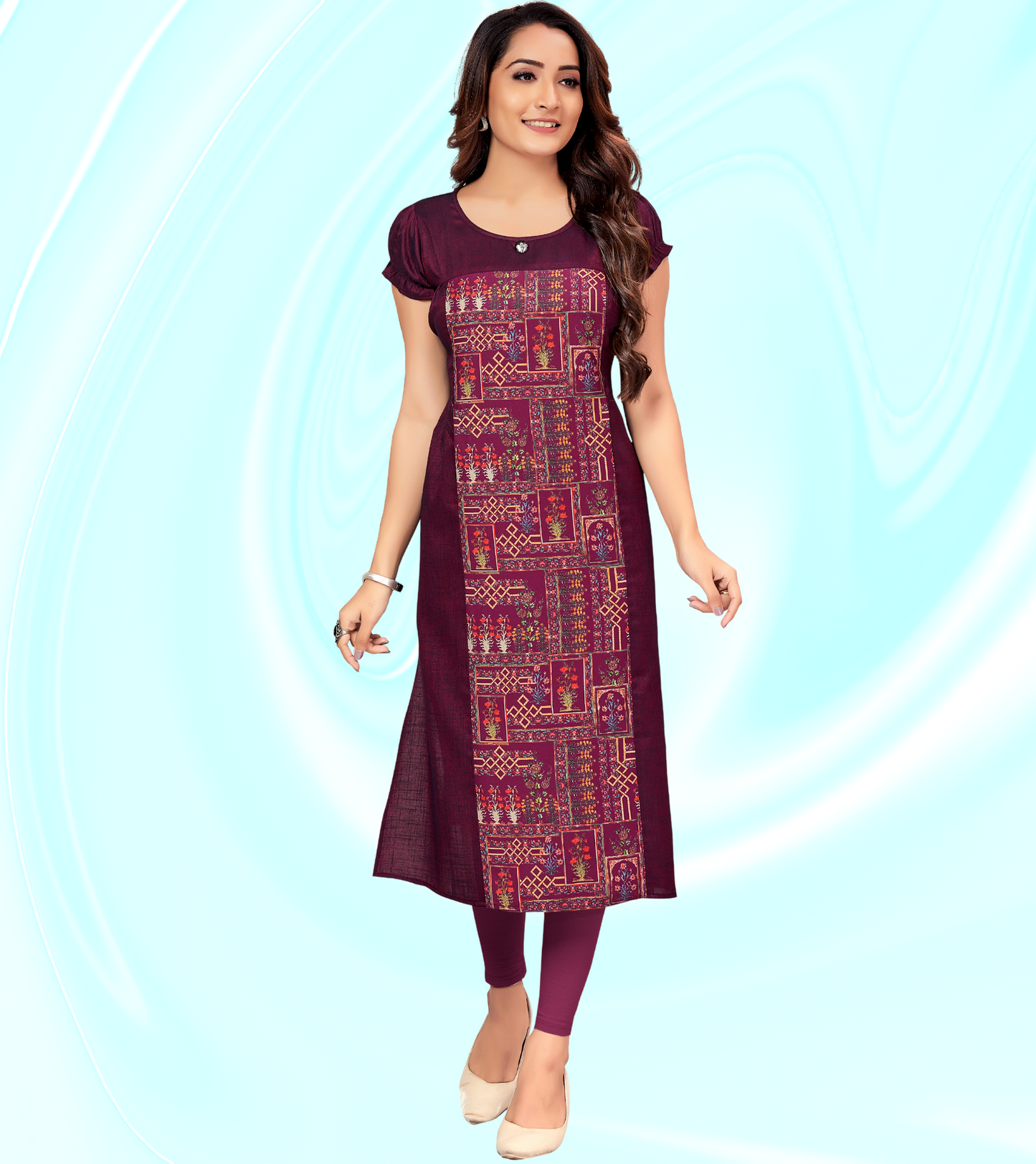 Delightful Purple Rayon Printed Straight Feeding Kurta