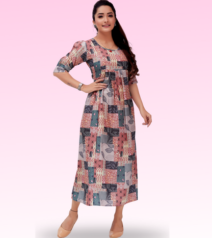 Polished Rust Cotton Printed Flared Feeding Kurta