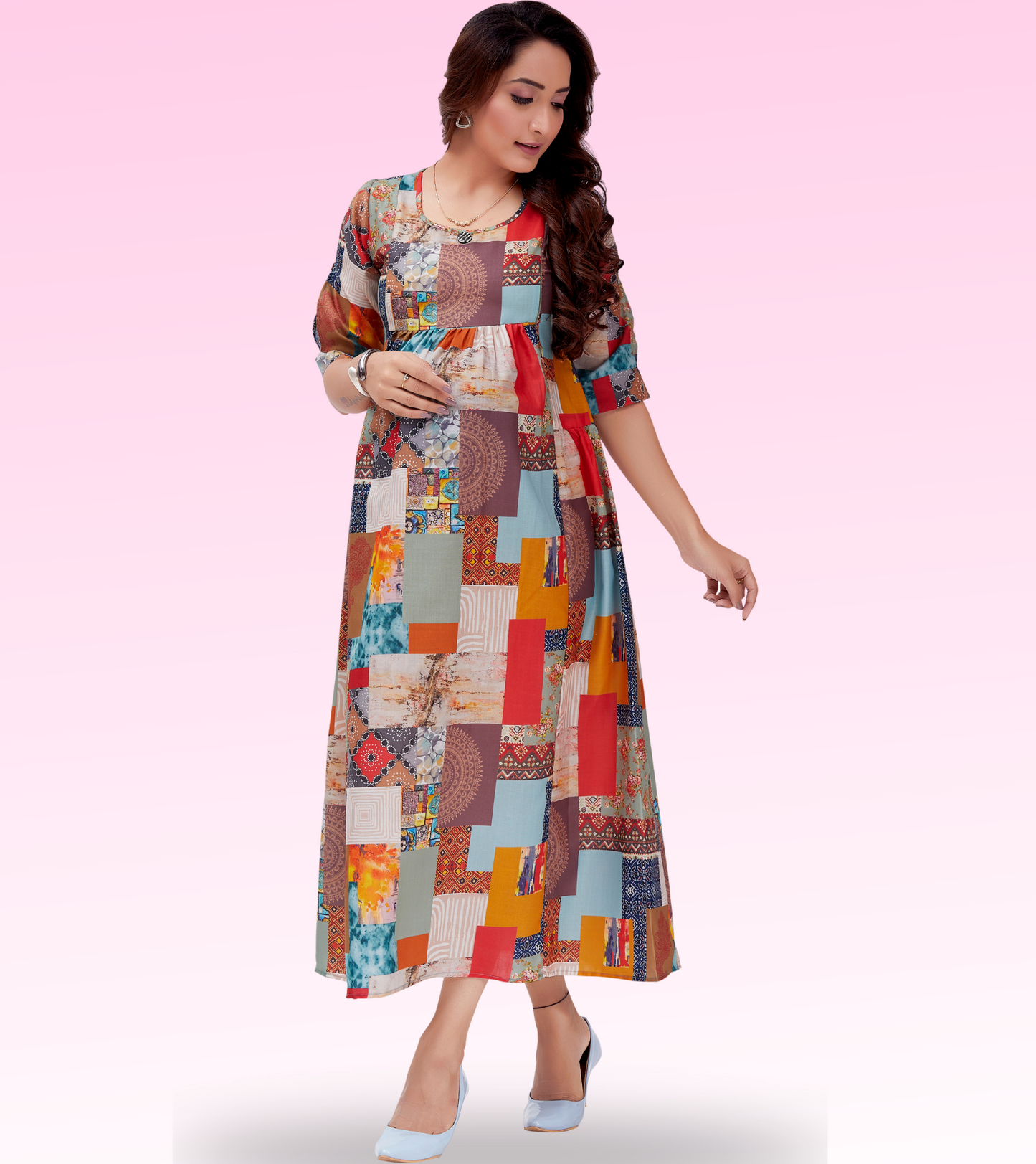 Multi Colour Cotton Printed Flared Feeding Kurta