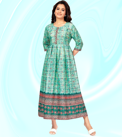 Flowy Green-Cotton-Printed-Flared-Feeding Kurta