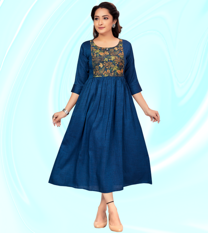 Affectionate Blue Rayon Printed Flared Feeding Kurta