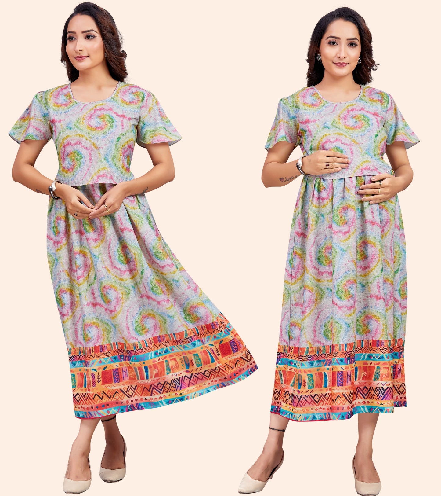 Galaxy Cream Cotton Printed Flared Zipless Feeding Kurta