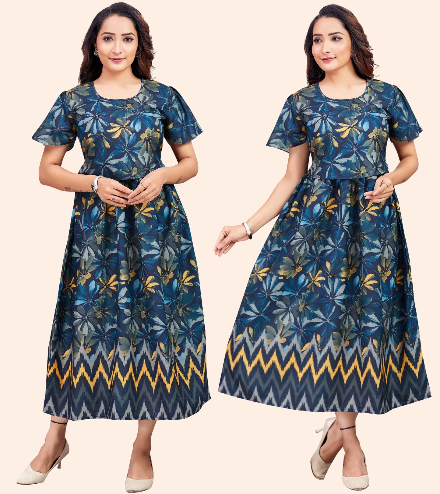 Floral Blue beauty Cotton Printed Flared Zipless Feeding Kurta