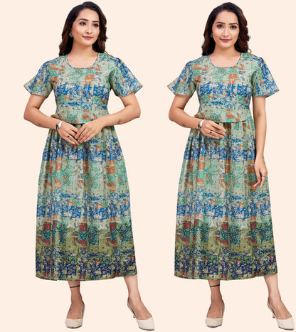 Mild Green Cotton Printed Flared Zipless Feeding Kurta