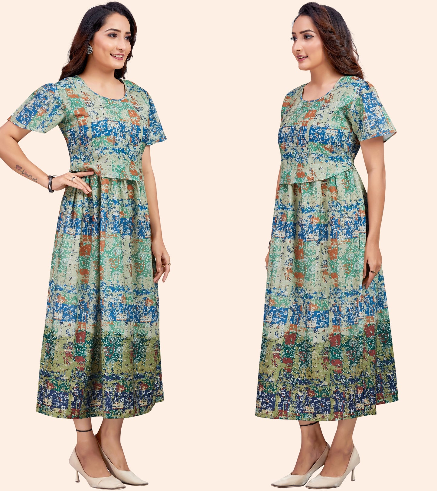 Mild Green Cotton Printed Flared Zipless Feeding Kurta