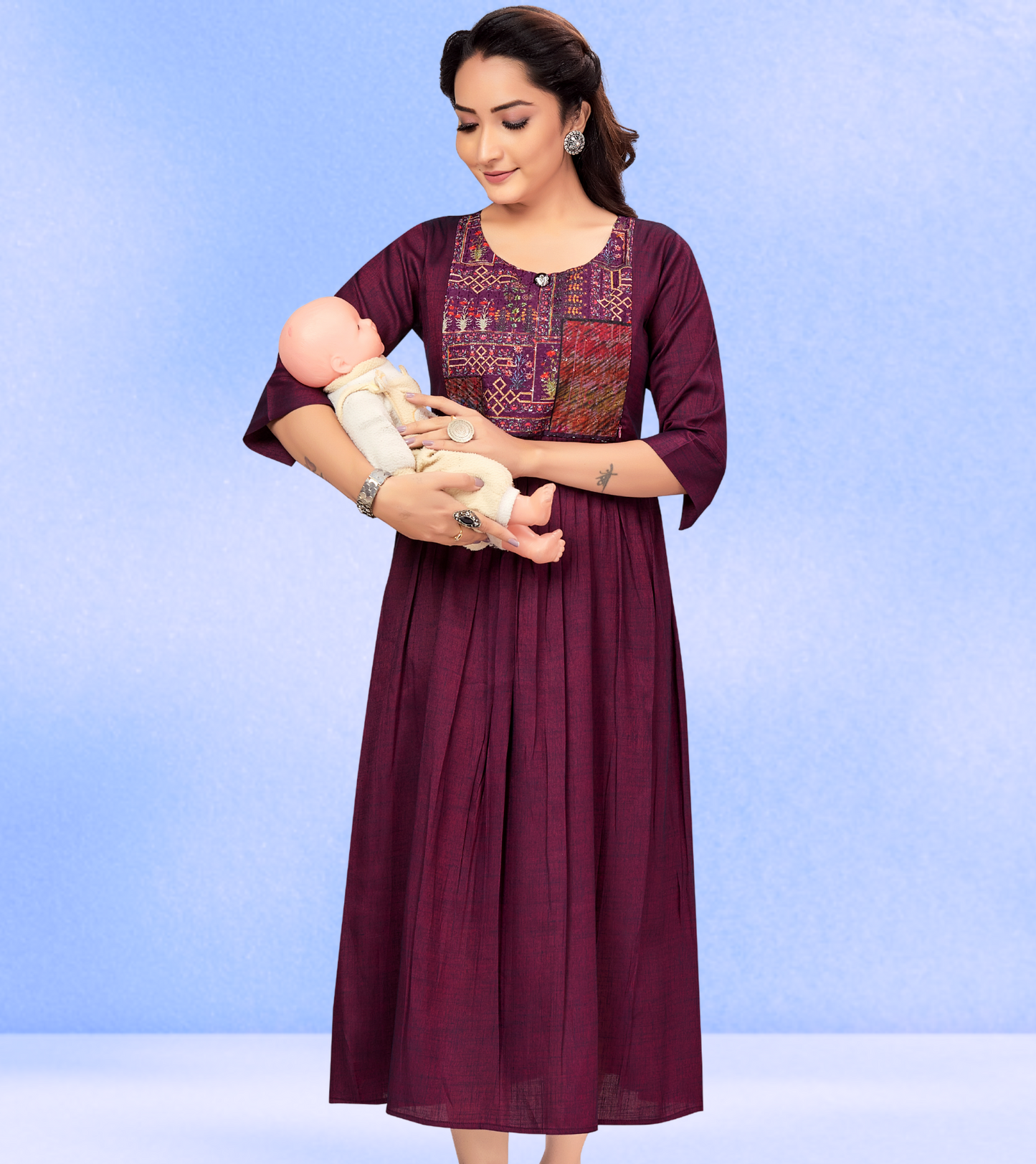 Delightful Purple Rayon Printed Flared Feeding Kurta