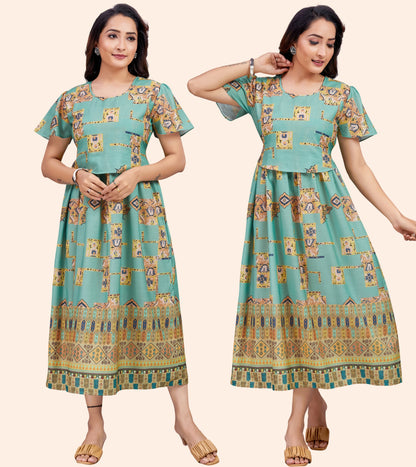 Emerals Green Cotton Printed Flared Zipless Feeding Kurta