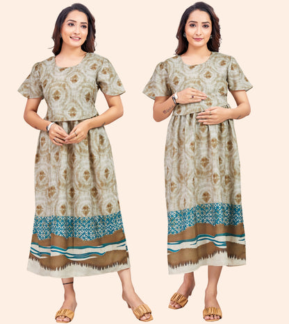 Stylish Beige Cotton Printed Flared Zipless Feeding Kurta