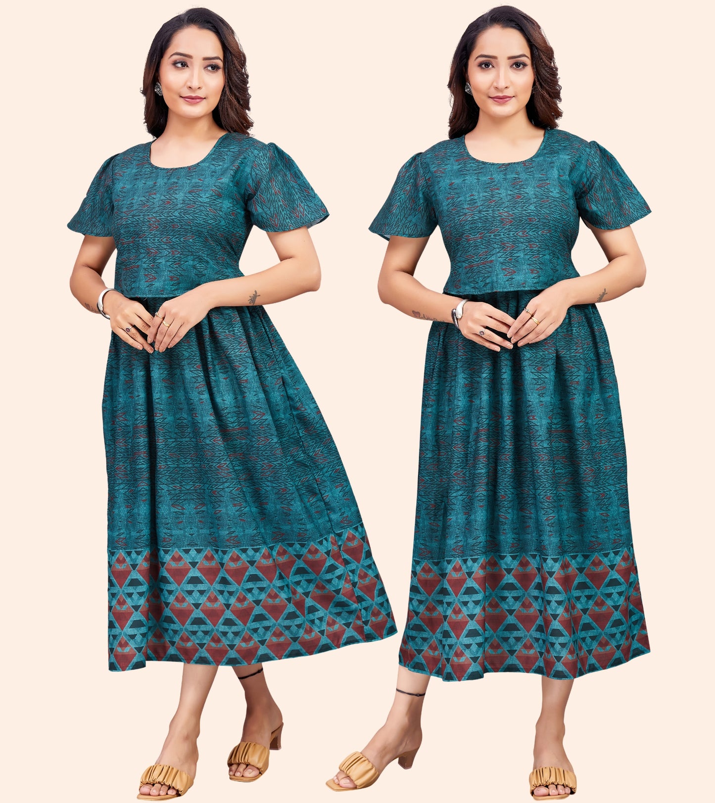 Bottle Green Cotton Printed Flared Zipless Feeding Kurta