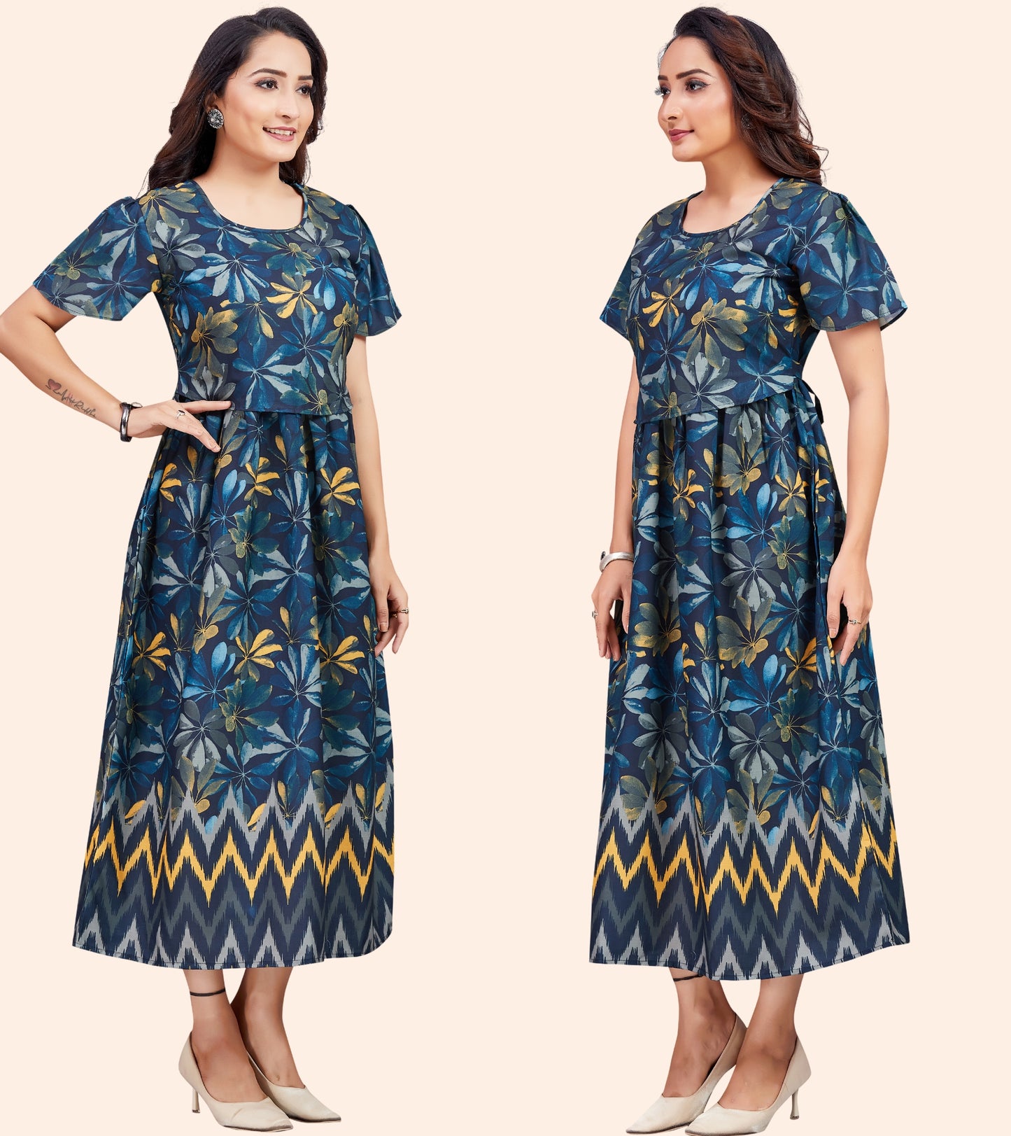 Floral Blue beauty Cotton Printed Flared Zipless Feeding Kurta