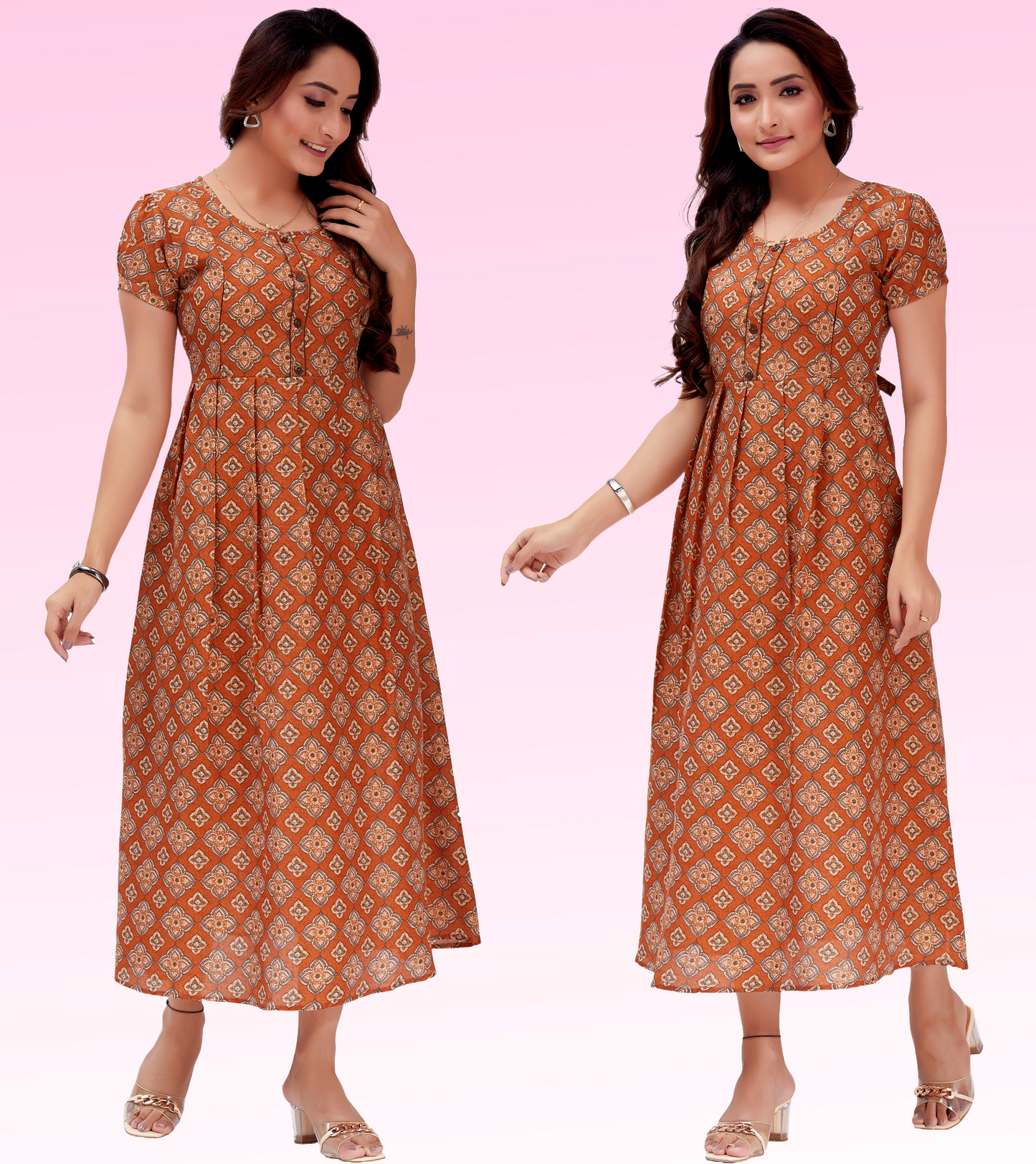 Classy Rust Cotton Blend Printed Flared Feeding Kurta