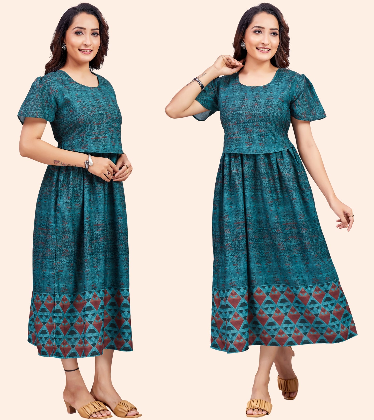 Bottle Green Cotton Printed Flared Zipless Feeding Kurta