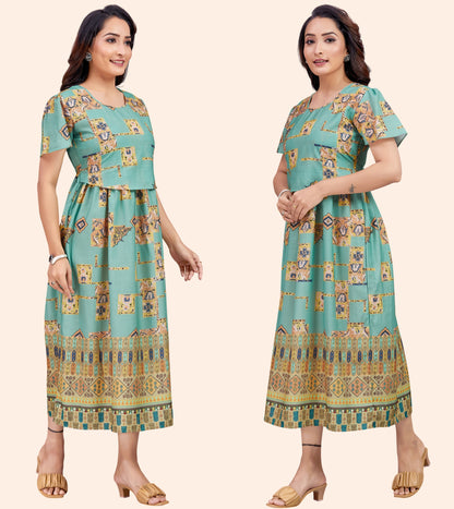 Emerals Green Cotton Printed Flared Zipless Feeding Kurta