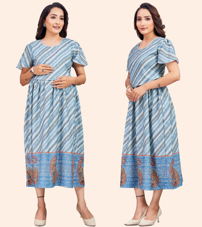 Smoky Grey Cotton Printed Flared Zipless Feeding Kurta