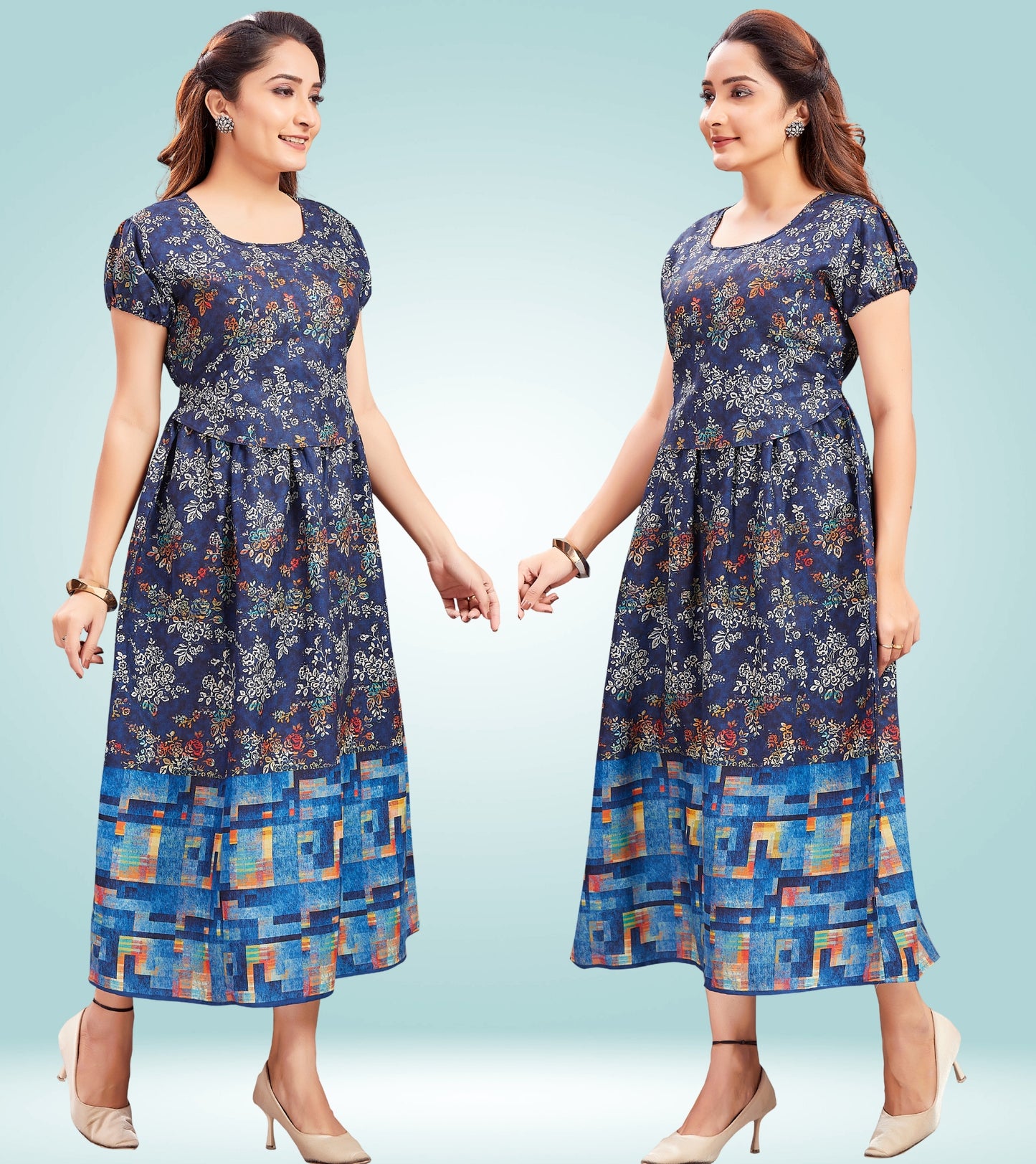 Dreamy Blue Cotton Printed Flared Zipless Feeding Kurta