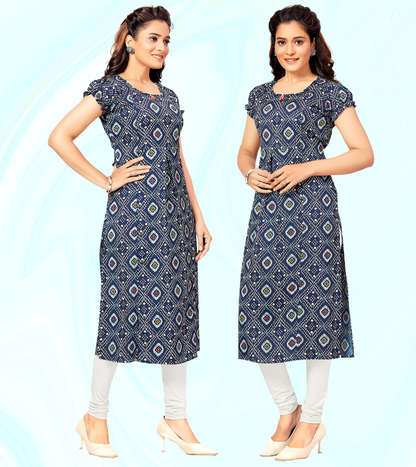 Moody Blue Poly Wrinkle Printed Straight Feeding Kurta