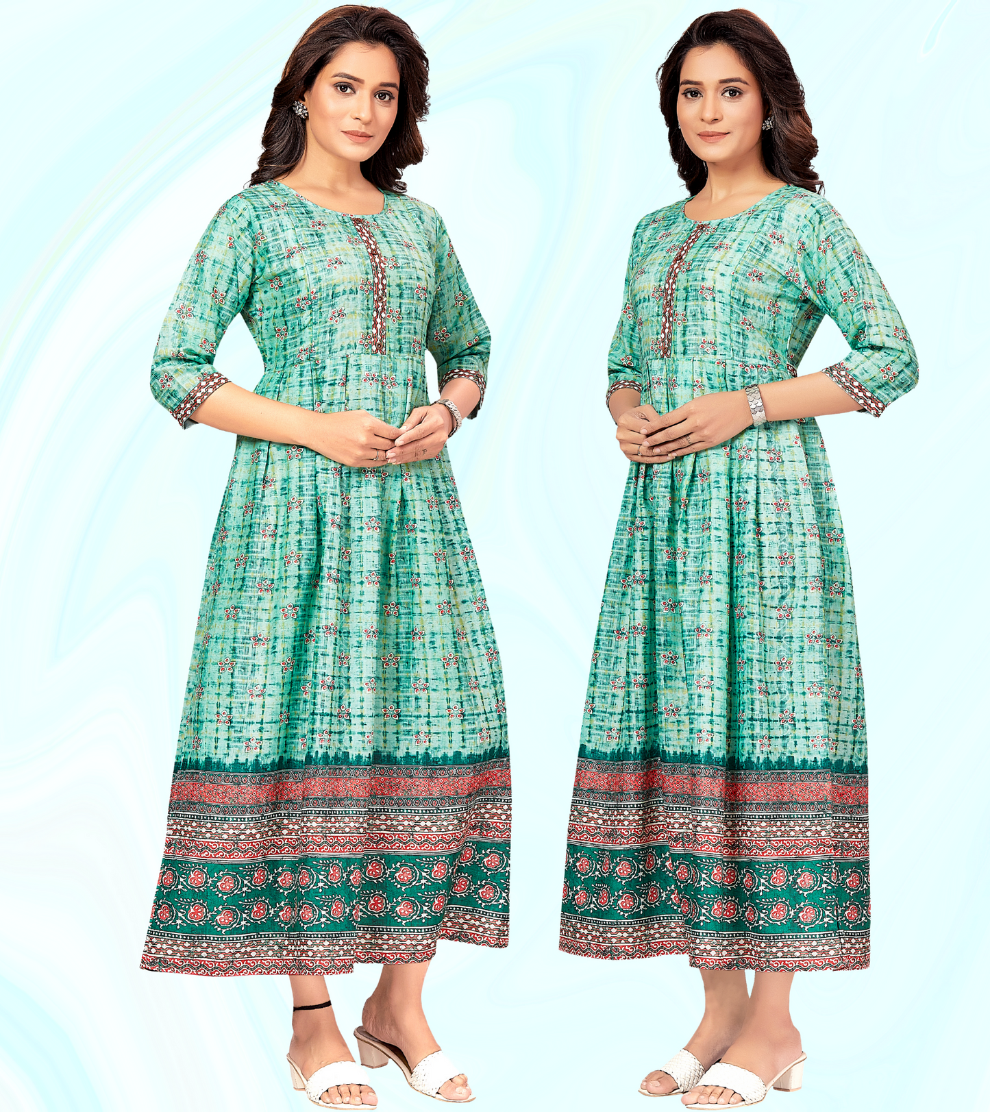 Flowy Green-Cotton-Printed-Flared-Feeding Kurta