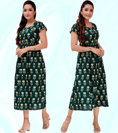 Outstanding Green Cotton Blend Printed Flared Feeding Kurta