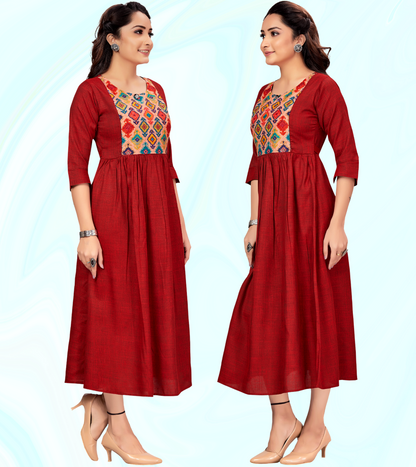 Exotic Red Rayon Printed Flared Feeding Kurta