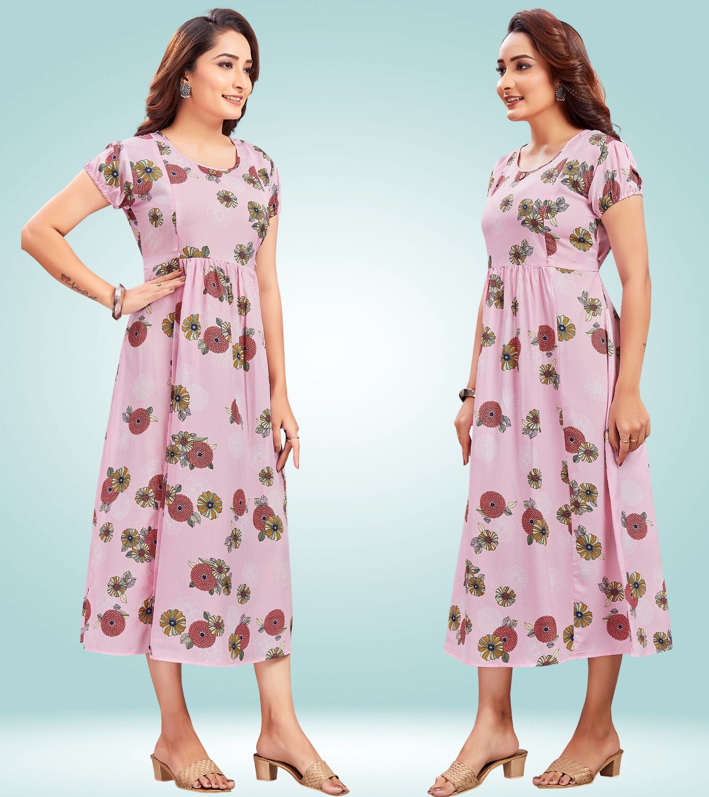 Soothing Pink Poly Wrinkle Printed Flared Feeding Kurta