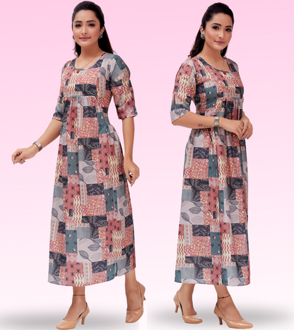 Polished Rust Cotton Printed Flared Feeding Kurta