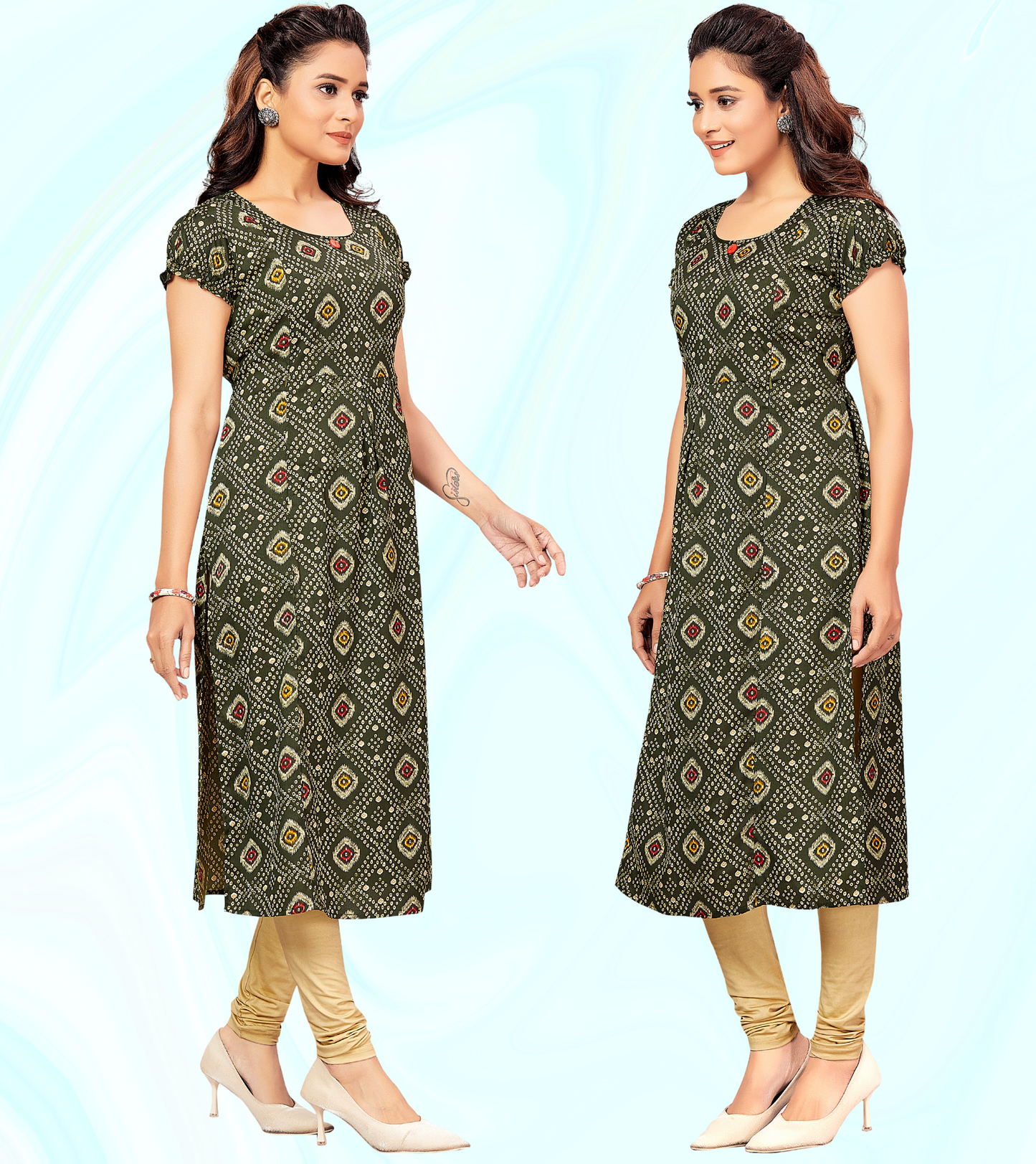 Energetic Green Poly Wrinkle Printed Straight Feeding Kurta