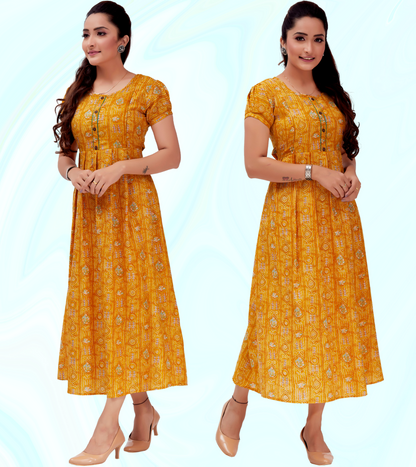 Classic Yellow Cotton Blend Printed Flared Feeding Kurta