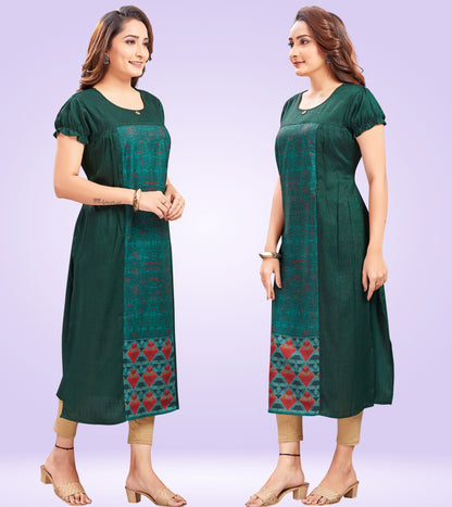 Bottle Green Rayon Printed Straight Feeding Kurta