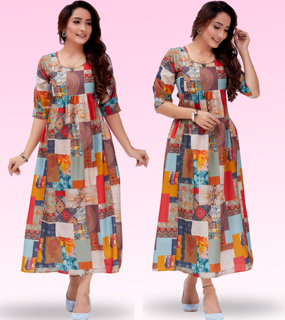 Multi Colour Cotton Printed Flared Feeding Kurta