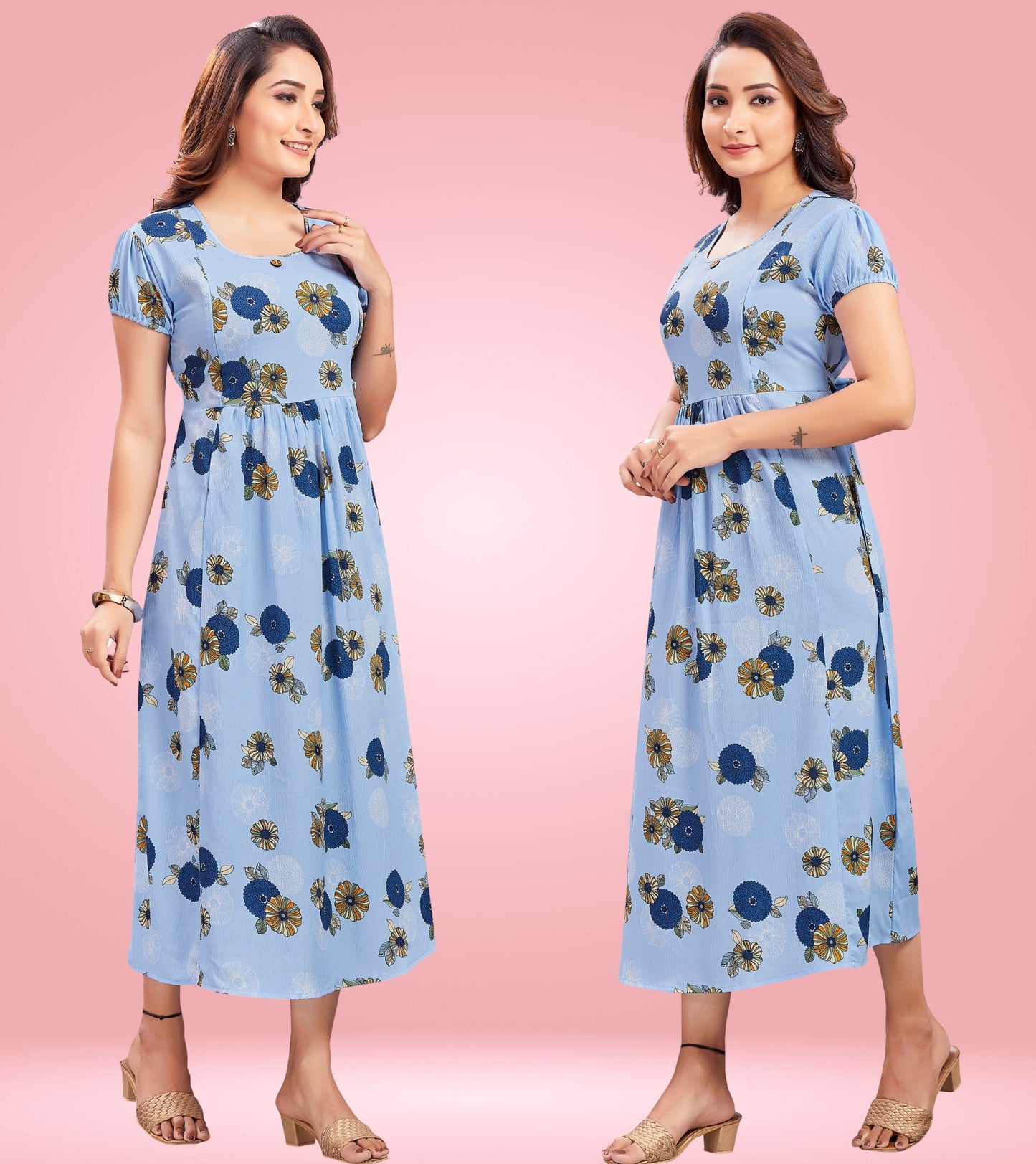 Mast Blue Poly Wrinkle Printed Flared Feeding Kurta