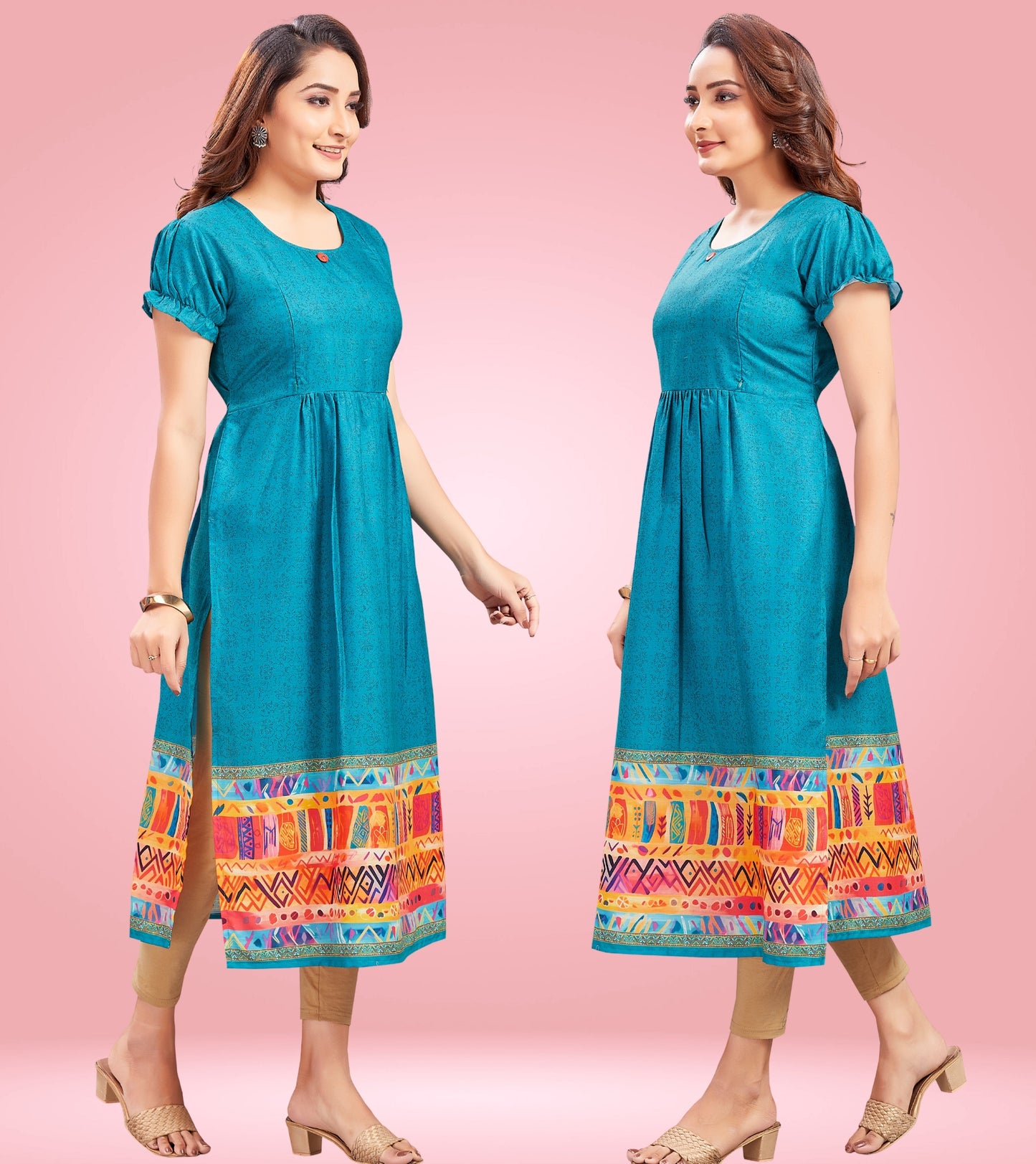 Majestic Blue Cotton Printed Straight Feeding Kurta