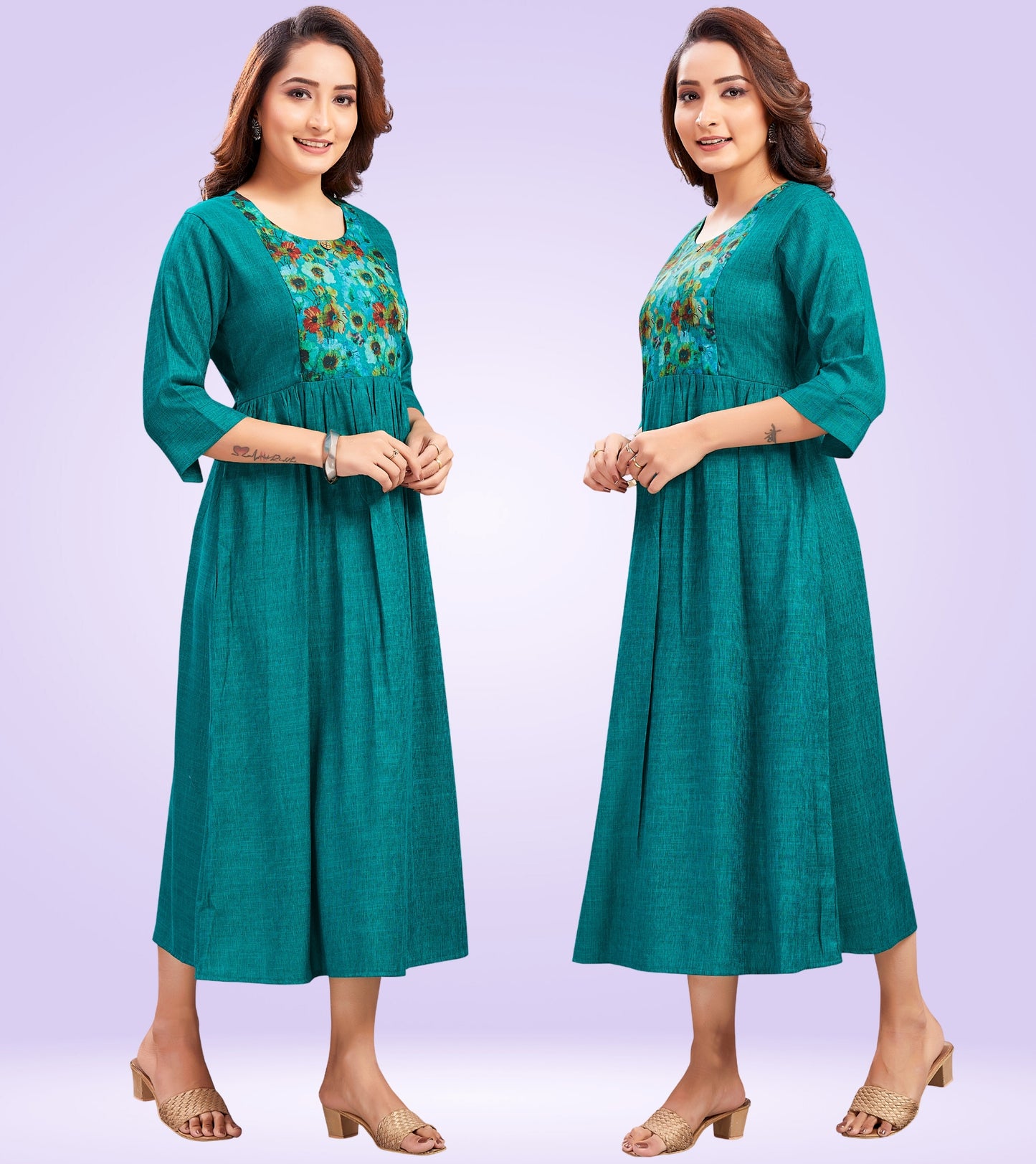 Ferozi Green Rayon Printed Flared Feeding Kurta