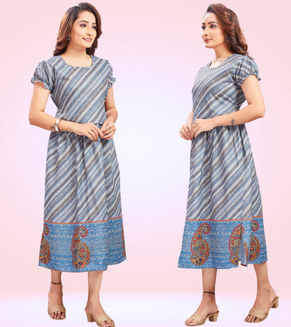 Blissful Blue Cotton Printed Straight Zipless Feeding Kurta