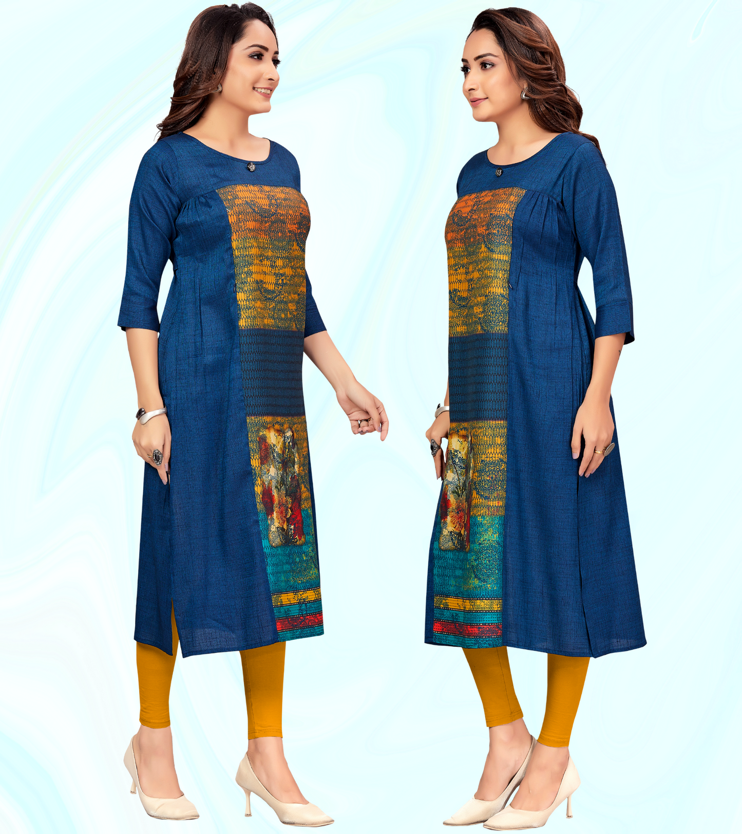 Affectionate Blue Rayon Printed Straight Feeding Kurta