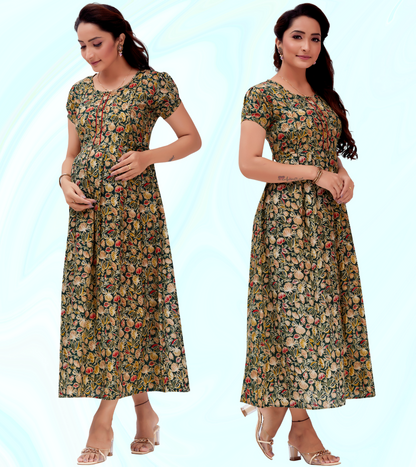 Adorable Green Cotton Blend Printed Flared Feeding Kurta