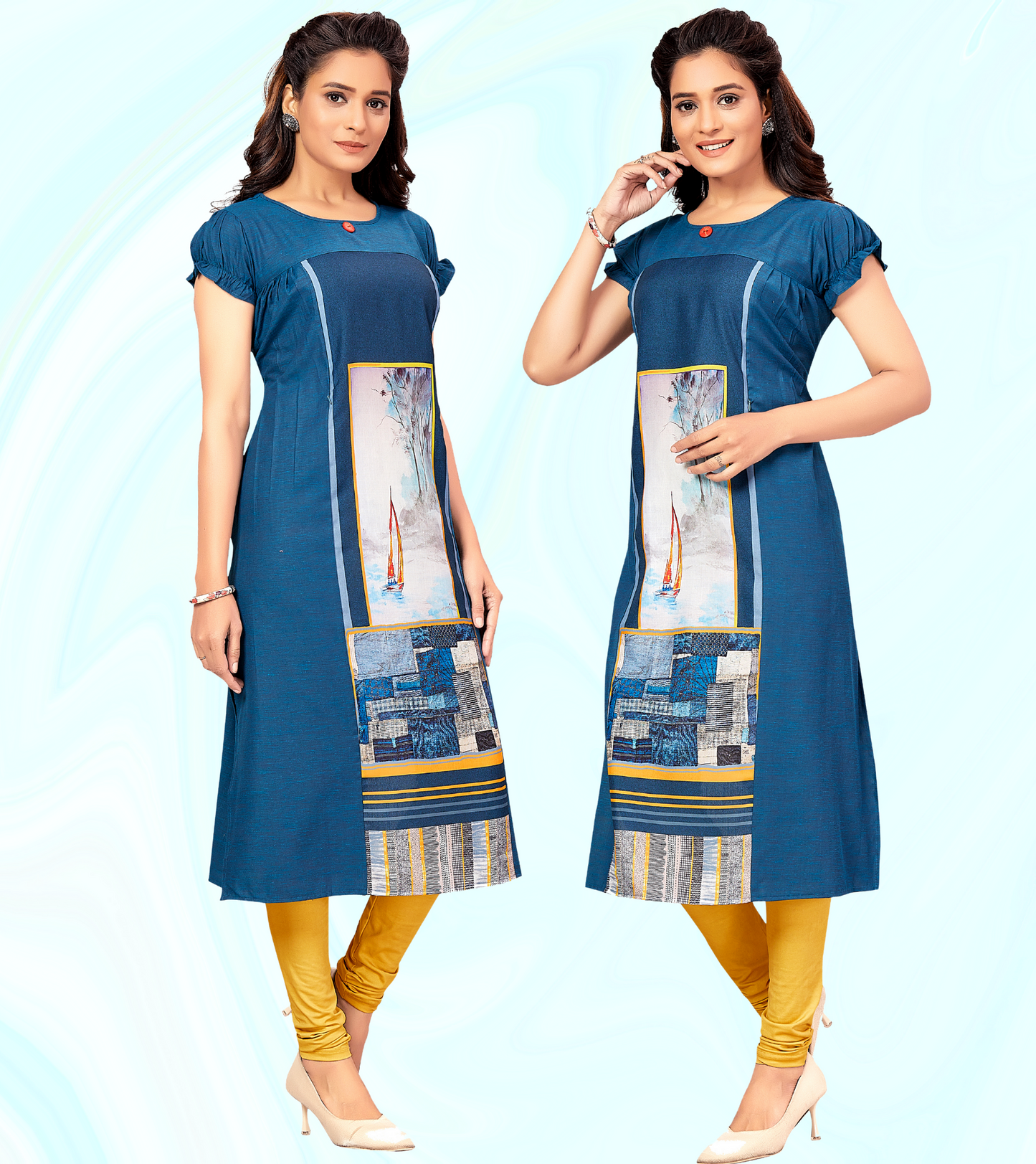 Classic Blue Rayon Printed Straight Feeding Kurta