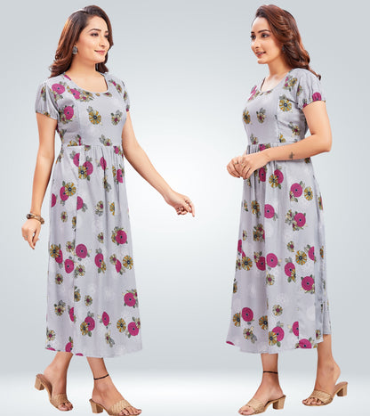 Bright Grey Poly Wrinkle Printed Flared Feeding Kurta