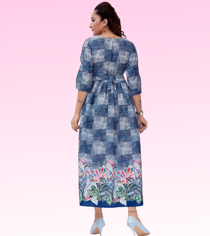 Exotic Blue Cotton Printed Flared Feeding Kurta