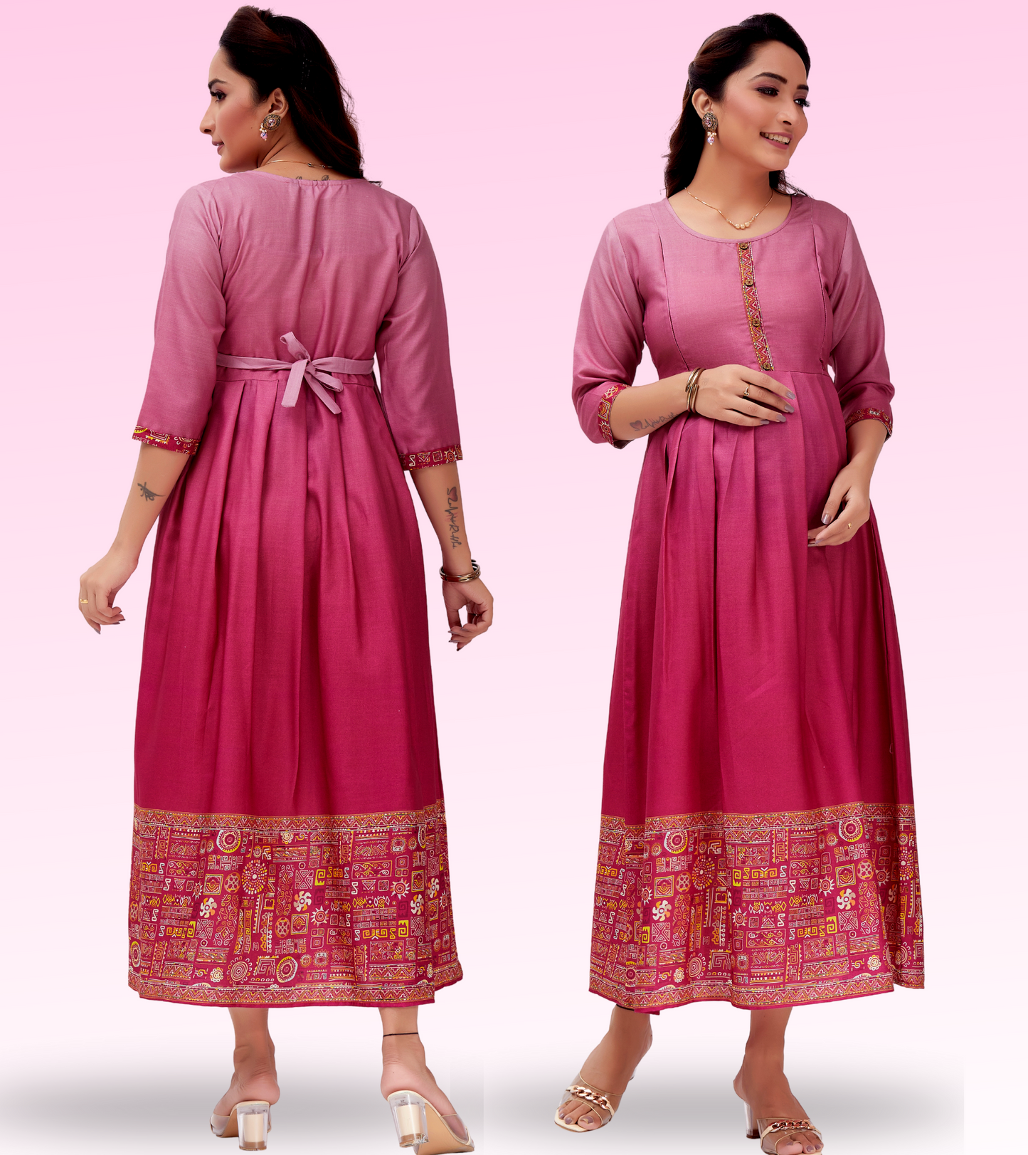 Excellent Pink Cotton Printed Flared Feeding Kurta