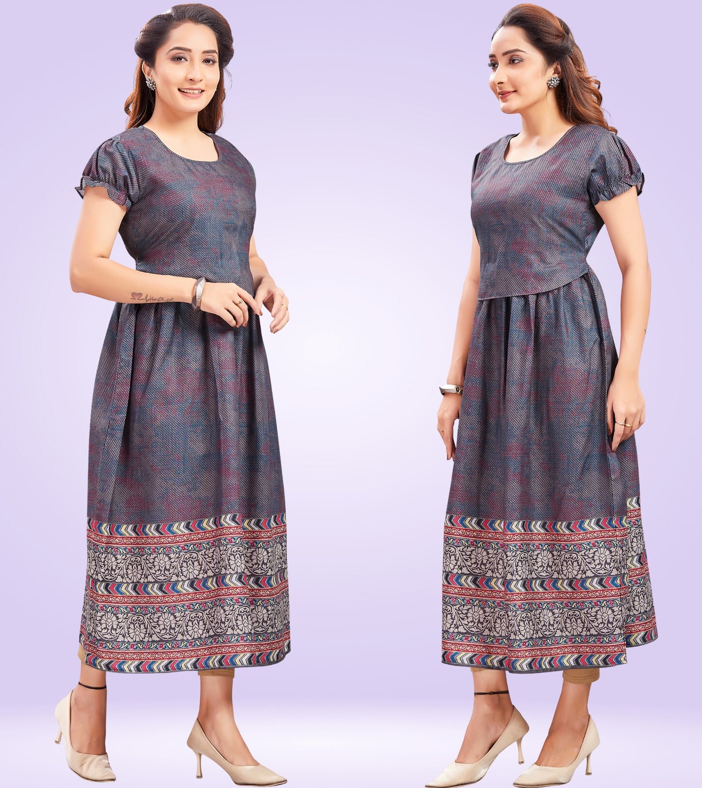 Flowy Grey Cotton Printed Flared Zipless Feeding Kurta