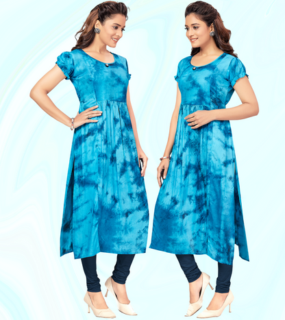 Bright Blue Rayon Printed Straight Feeding Kurta