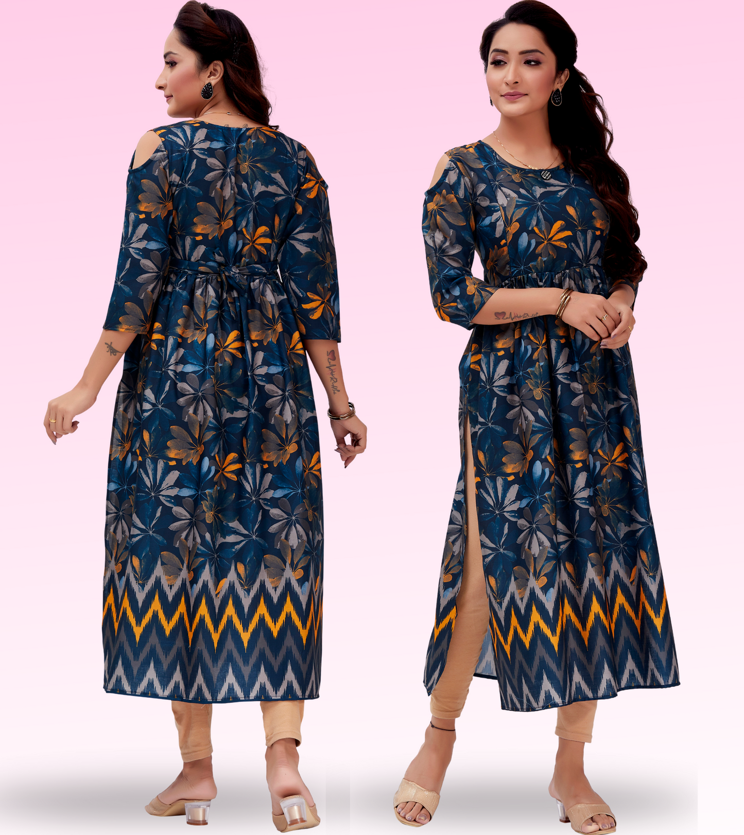 Stunning Blue Cotton Printed Flared Feeding Kurta