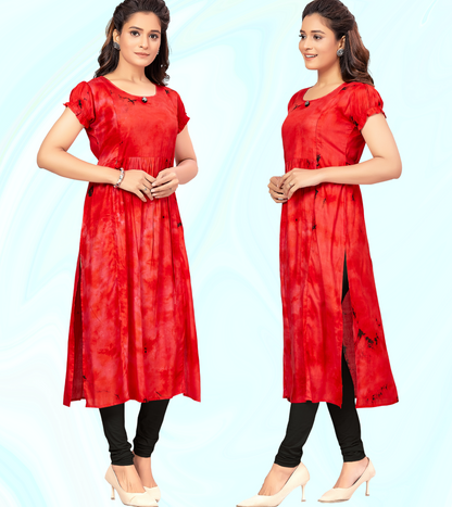 Tomato Red Rayon Printed Straight Feeding Kurta