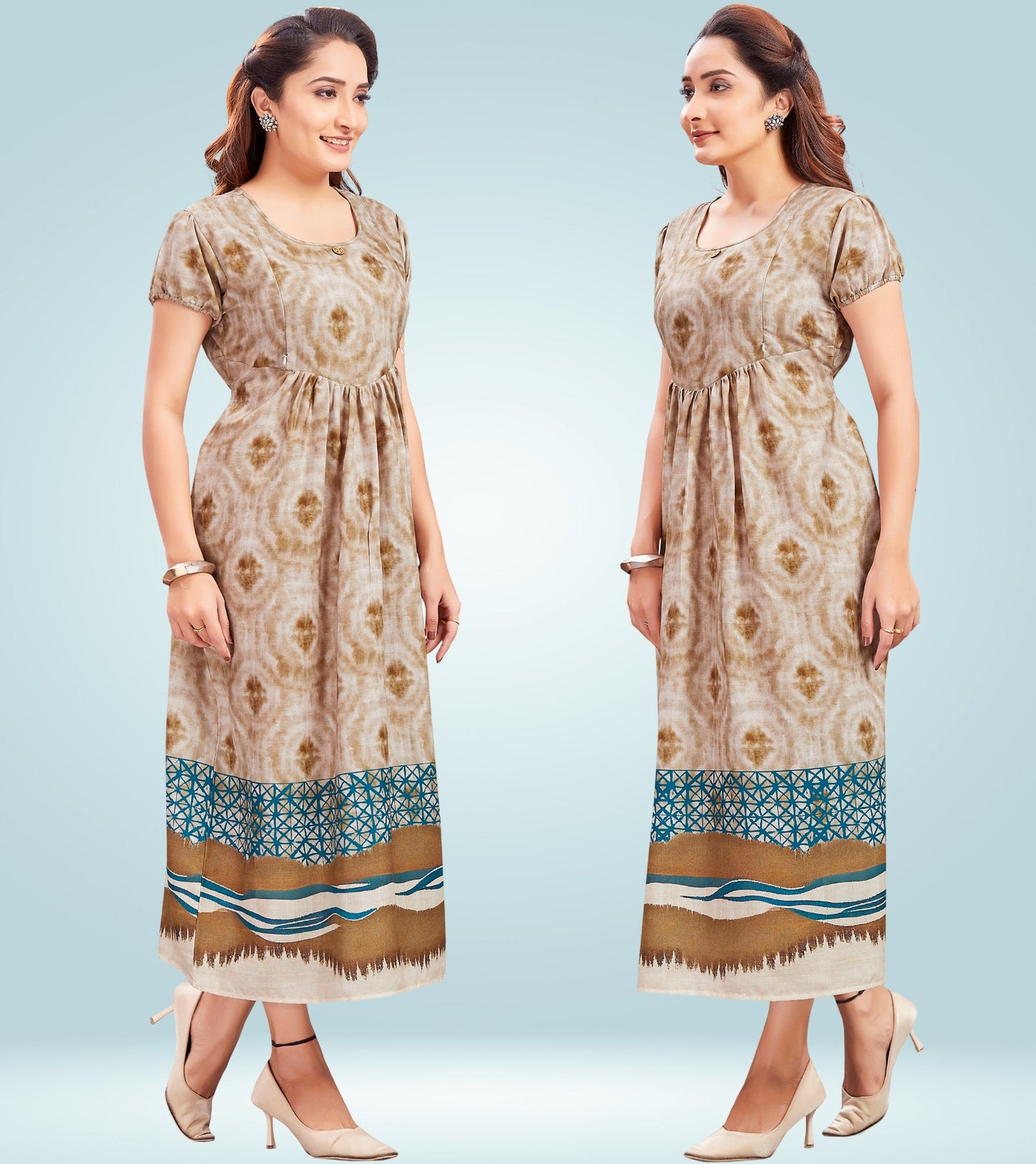 Amusing Beige Cotton Printed Flared Feeding Kurta